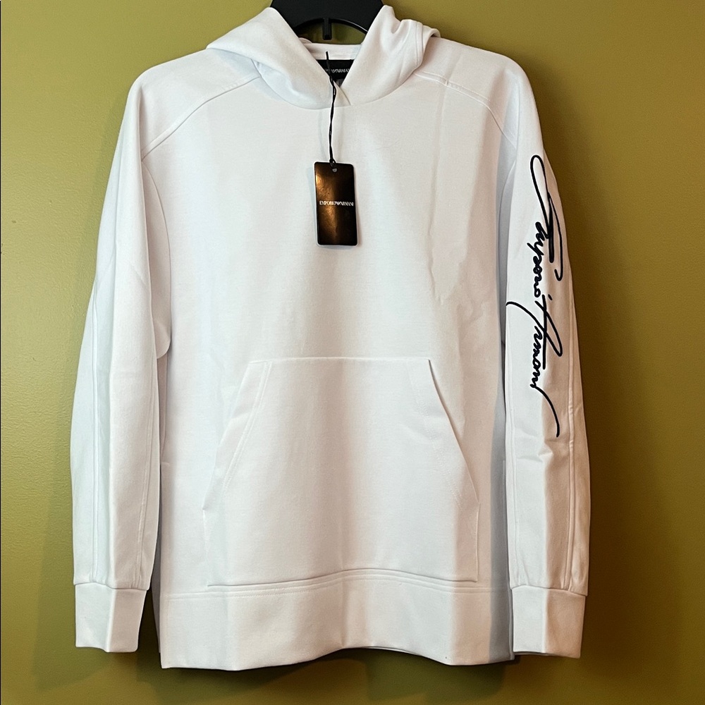 Emporio Armani Logo Hoodie White - Unisex Size S Pullover - NWT Authentic